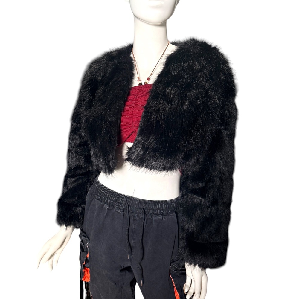 Womens Black Faux Fur Cropped Jacket Bolero Shrug Open Front Size Small